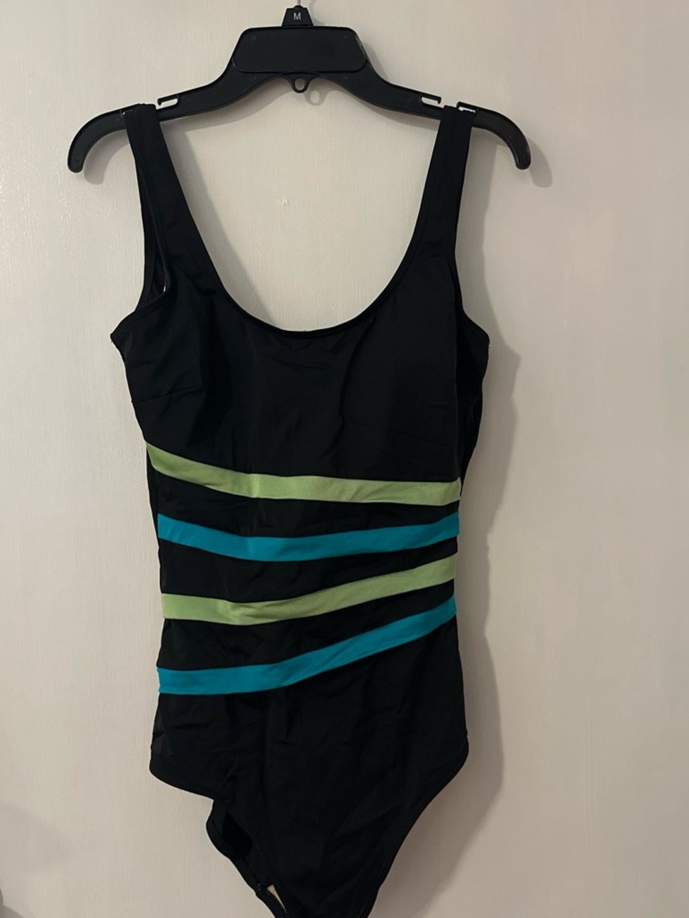 Women’s Black One-Piece Swimsuit with Green and Teal Stripes
